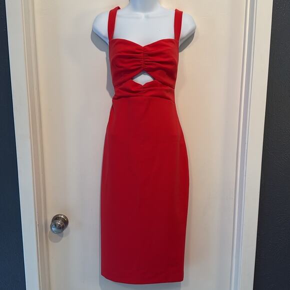 Likely Terry Ruched Cutout Midi Dress Coral Sleeveless Dress size 10 EUC - Picture 2 of 5